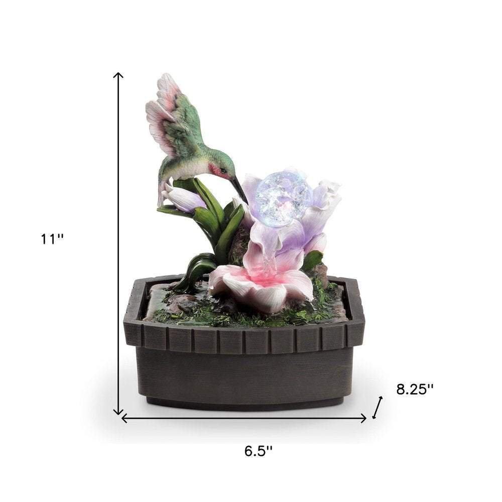 11" Pink Green And Brown Polyresin Hummingbird Tabletop Fountain HomeRoots