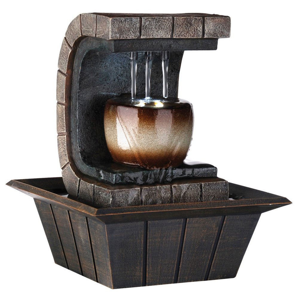 10" Brown Textured Polyresin Tabletop Fountain with LED Light HomeRoots