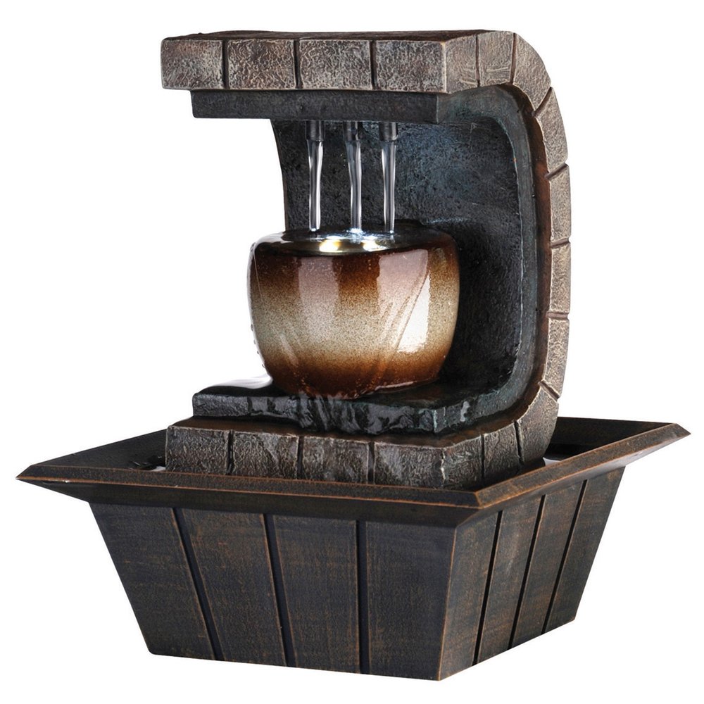 10" Brown Textured Polyresin Tabletop Fountain with LED Light HomeRoots