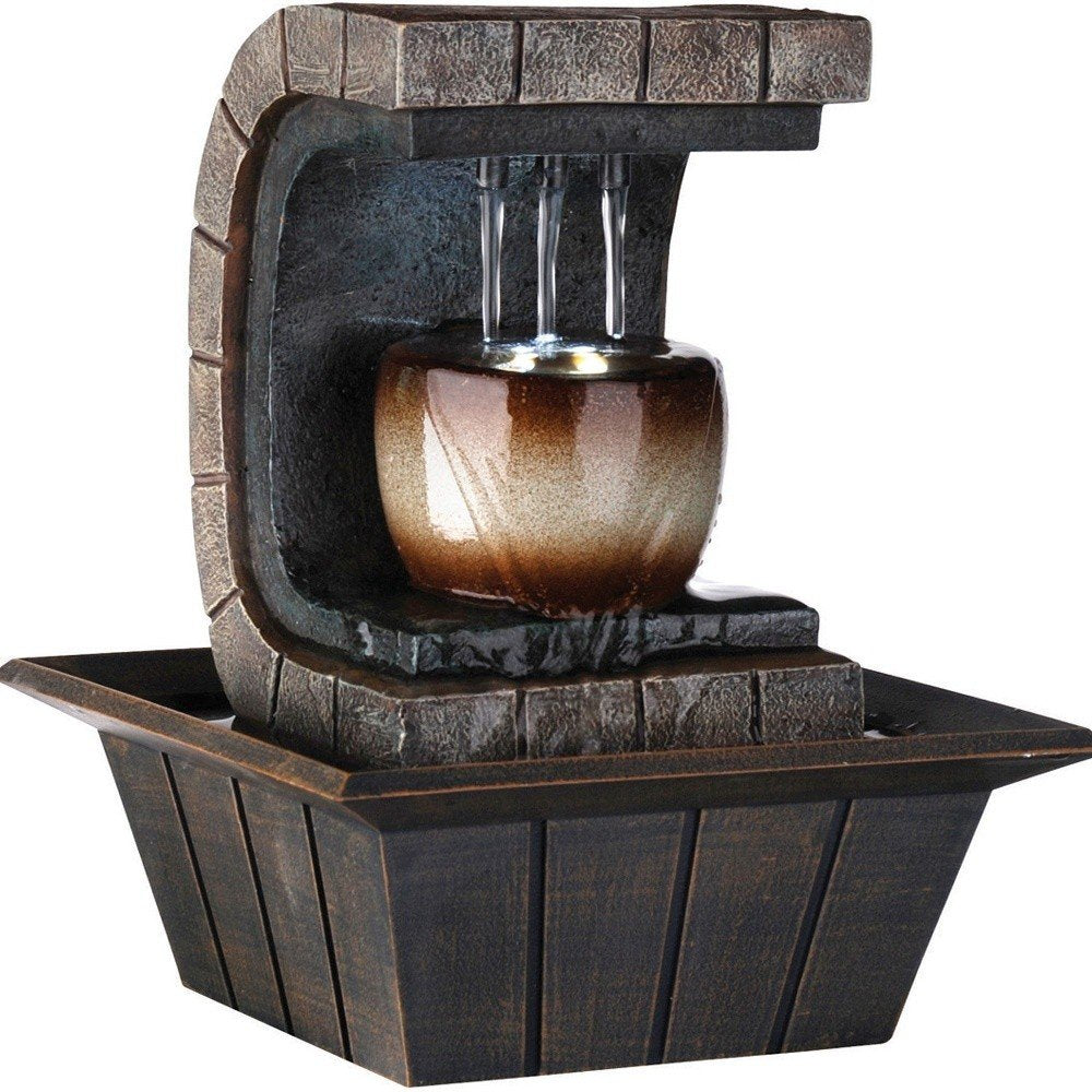 10" Brown Textured Polyresin Tabletop Fountain with LED Light — view 3