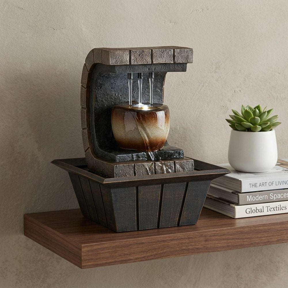 10" Brown Textured Polyresin Tabletop Fountain with LED Light HomeRoots