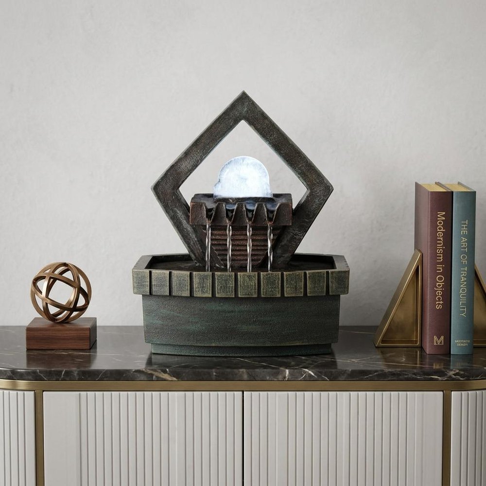 10" Brown Polyresin Geo and Pebbles Tabletop Fountain with LED Light HomeRoots