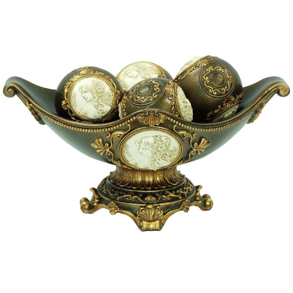 8" Bronze Polyresin Classical Greek Decorative Bowl With Orbs HomeRoots