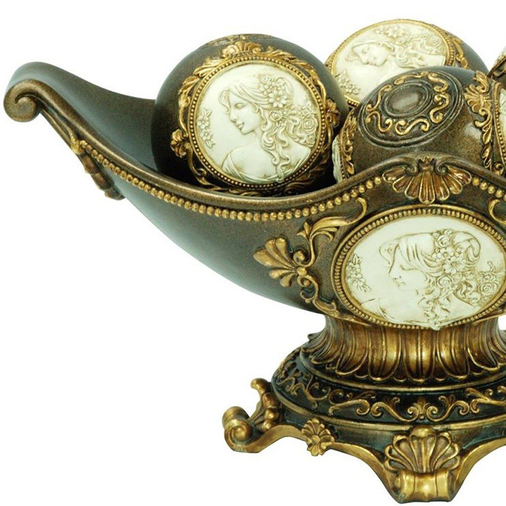 8" Bronze Polyresin Classical Greek Decorative Bowl With Orbs HomeRoots