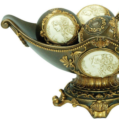 8" Bronze Polyresin Classical Greek Decorative Bowl With Orbs HomeRoots