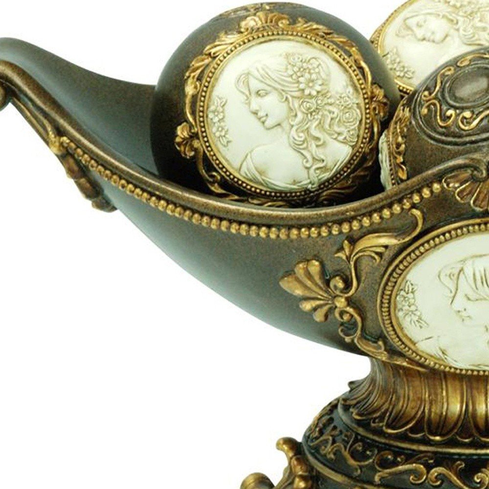 8" Bronze Polyresin Classical Greek Decorative Bowl With Orbs HomeRoots