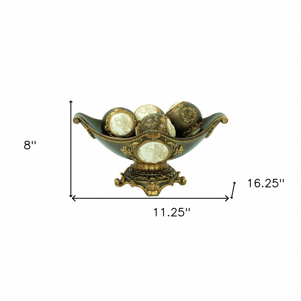 8" Bronze Polyresin Classical Greek Decorative Bowl With Orbs HomeRoots