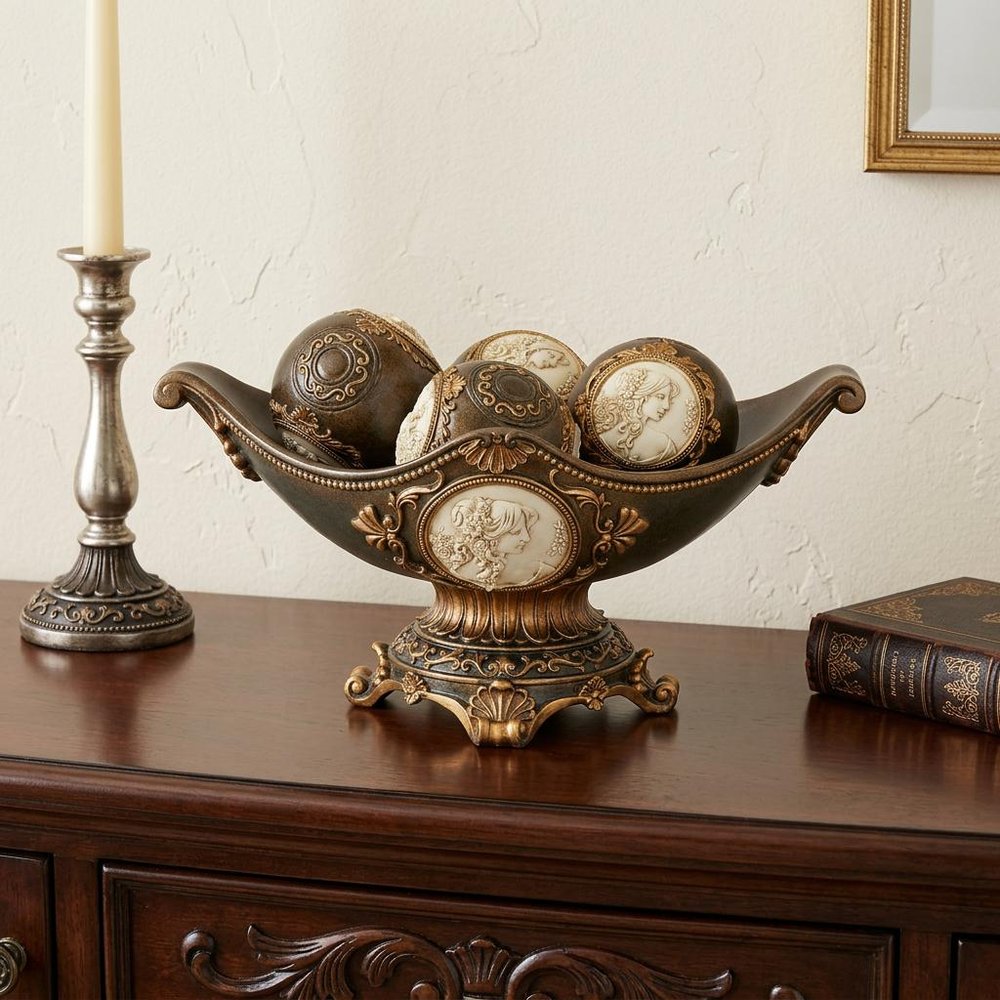 8" Bronze Polyresin Classical Greek Decorative Bowl With Orbs HomeRoots