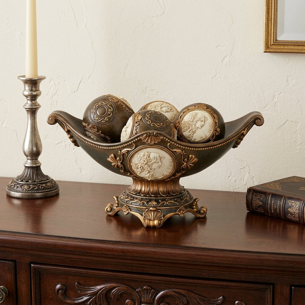 8" Bronze Polyresin Classical Greek Decorative Bowl With Orbs HomeRoots