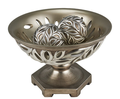 13" Brushed Silver Leaf Polyresin Decorative Pedestal Bowl with Orbs HomeRoots