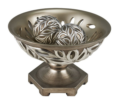 13" Brushed Silver Leaf Polyresin Decorative Pedestal Bowl with Orbs HomeRoots
