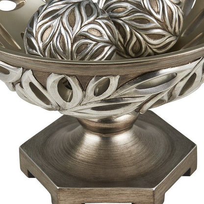 13" Brushed Silver Leaf Polyresin Decorative Pedestal Bowl with Orbs HomeRoots