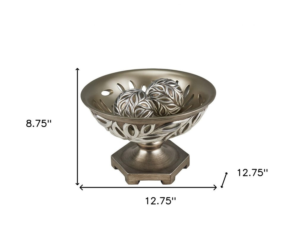 13" Brushed Silver Leaf Polyresin Decorative Pedestal Bowl with Orbs HomeRoots