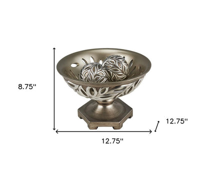 13" Brushed Silver Leaf Polyresin Decorative Pedestal Bowl with Orbs HomeRoots