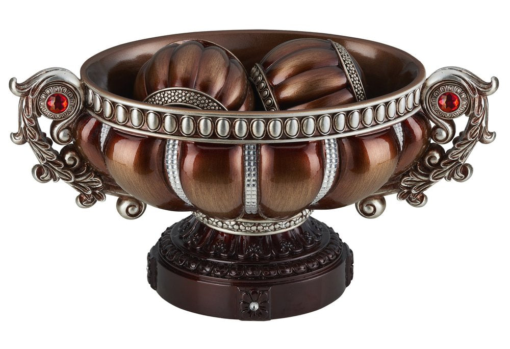 9" Reddish Bronze And Silver Polyresin Decorative Bowl With Orbs HomeRoots