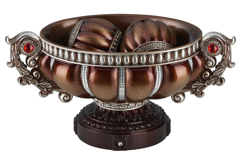 9" Reddish Bronze And Silver Polyresin Decorative Bowl With Orbs HomeRoots