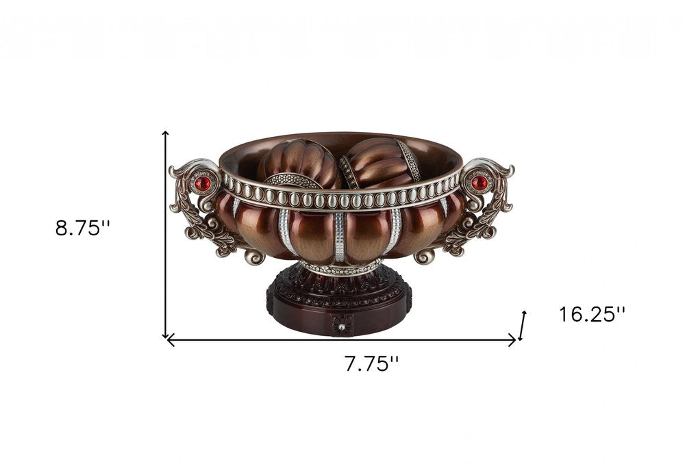 9" Reddish Bronze And Silver Polyresin Decorative Bowl With Orbs HomeRoots