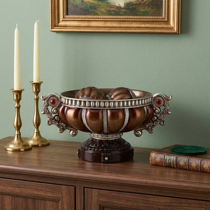 9" Reddish Bronze And Silver Polyresin Decorative Bowl With Orbs HomeRoots