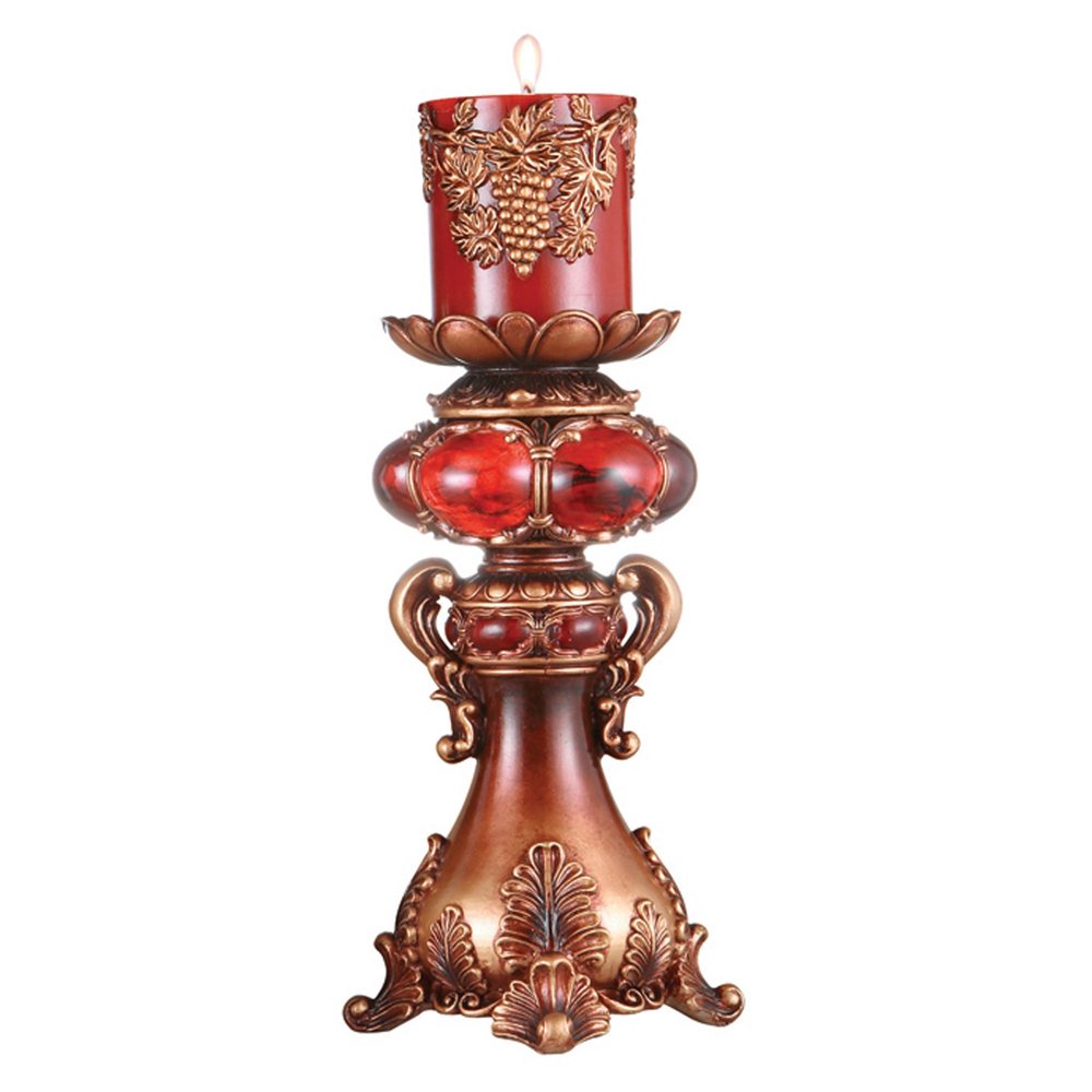 16" Tall Red and Brown Faux Marble Candle Holder with Candle — view 1