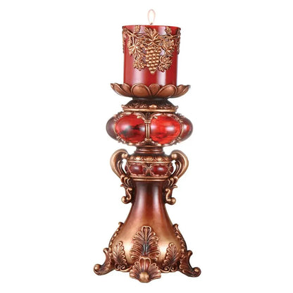 16" Tall Red and Brown Faux Marble Candle Holder with Candle HomeRoots
