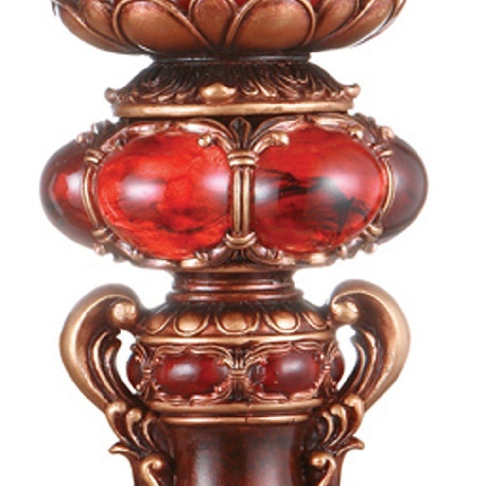 16" Tall Red and Brown Faux Marble Candle Holder with Candle — view 3