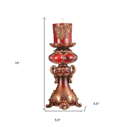 16" Tall Red and Brown Faux Marble Candle Holder with Candle HomeRoots