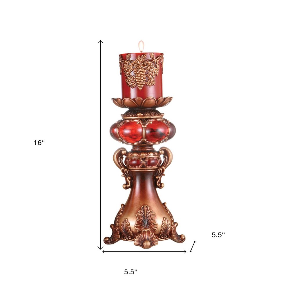 16" Tall Red and Brown Faux Marble Candle Holder with Candle — view 5