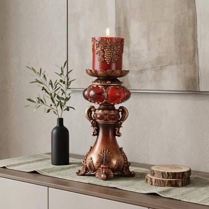 16" Tall Red and Brown Faux Marble Candle Holder with Candle HomeRoots