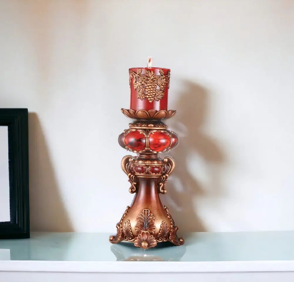 16" Tall Red and Brown Faux Marble Candle Holder with Candle HomeRoots