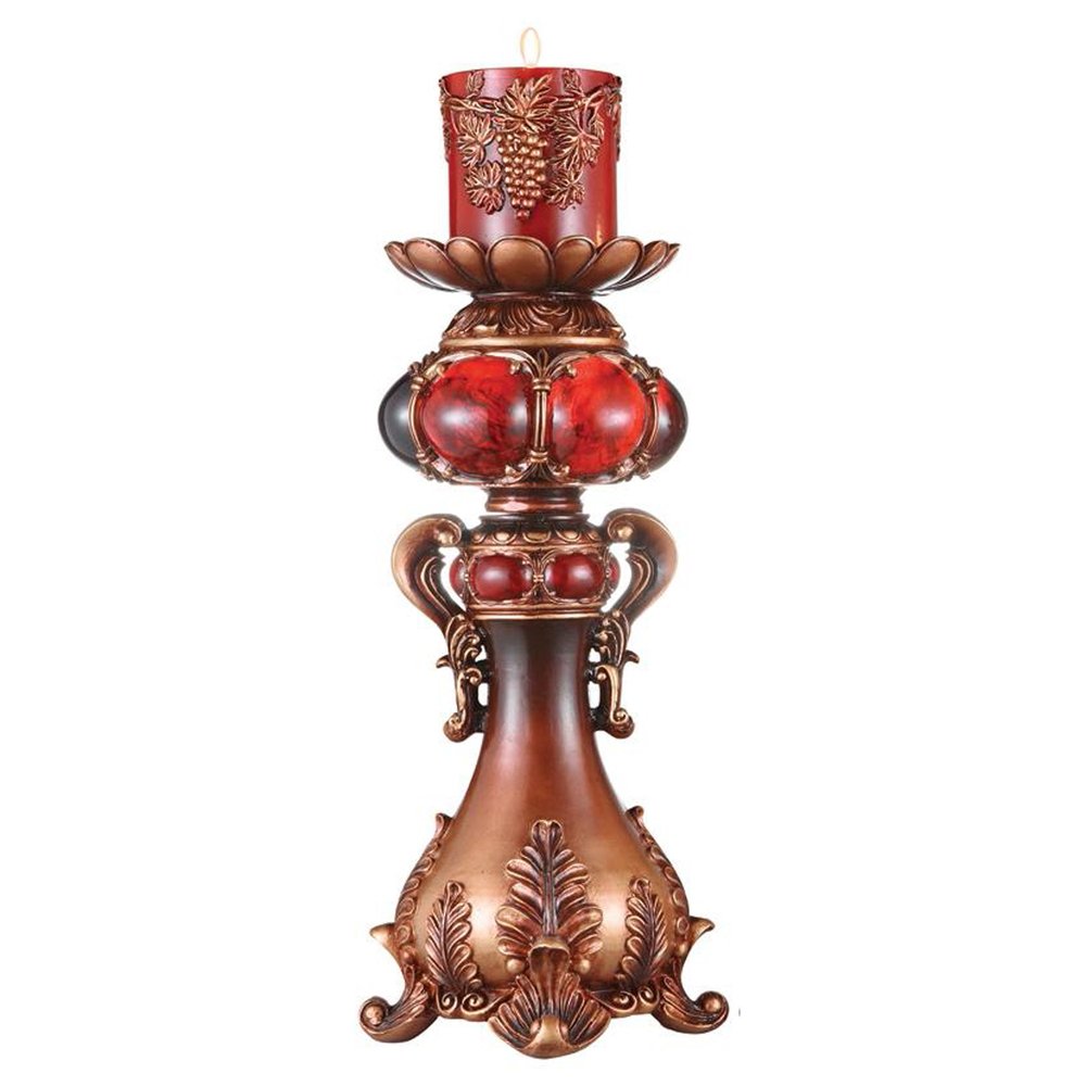 20" Bronze Brown And Red Floral Polyresin Tabletop Pillar Candle Holder With Candle HomeRoots