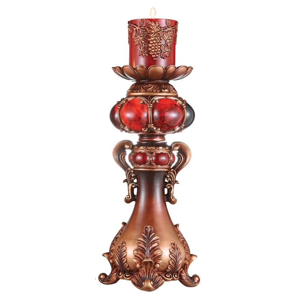 20" Bronze Brown And Red Floral Polyresin Tabletop Pillar Candle Holder With Candle HomeRoots