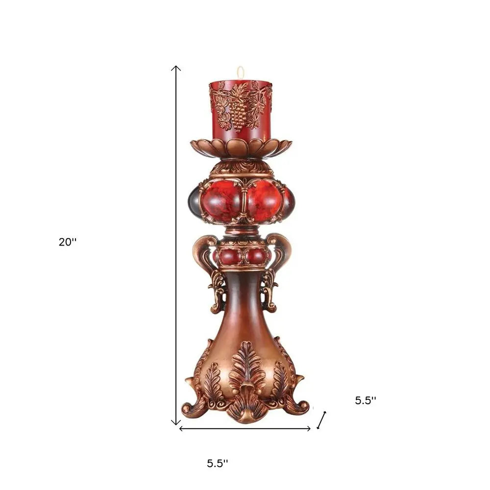 20" Brown and Red Faux Marble Tabletop Candle Holder and Candle HomeRoots