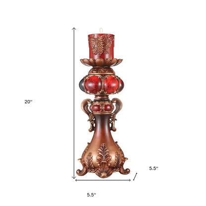 20" Brown and Red Faux Marble Tabletop Candle Holder and Candle HomeRoots