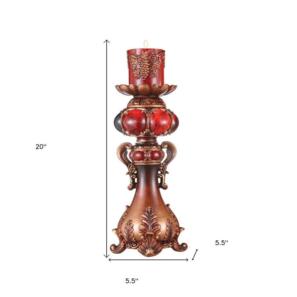 20" Bronze Brown And Red Floral Polyresin Tabletop Pillar Candle Holder With Candle HomeRoots