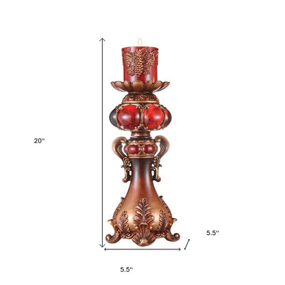 20" Bronze Brown And Red Floral Polyresin Tabletop Pillar Candle Holder With Candle HomeRoots