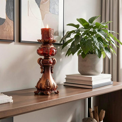 20" Bronze Brown And Red Floral Polyresin Tabletop Pillar Candle Holder With Candle HomeRoots