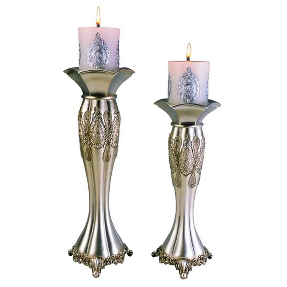Set of Two Silver Metallic Polyresin Ornate Tabletop Pillar Candle Holders With Candle HomeRoots