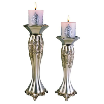Set of Two Silver Metallic Polyresin Ornate Tabletop Pillar Candle Holders With Candle HomeRoots
