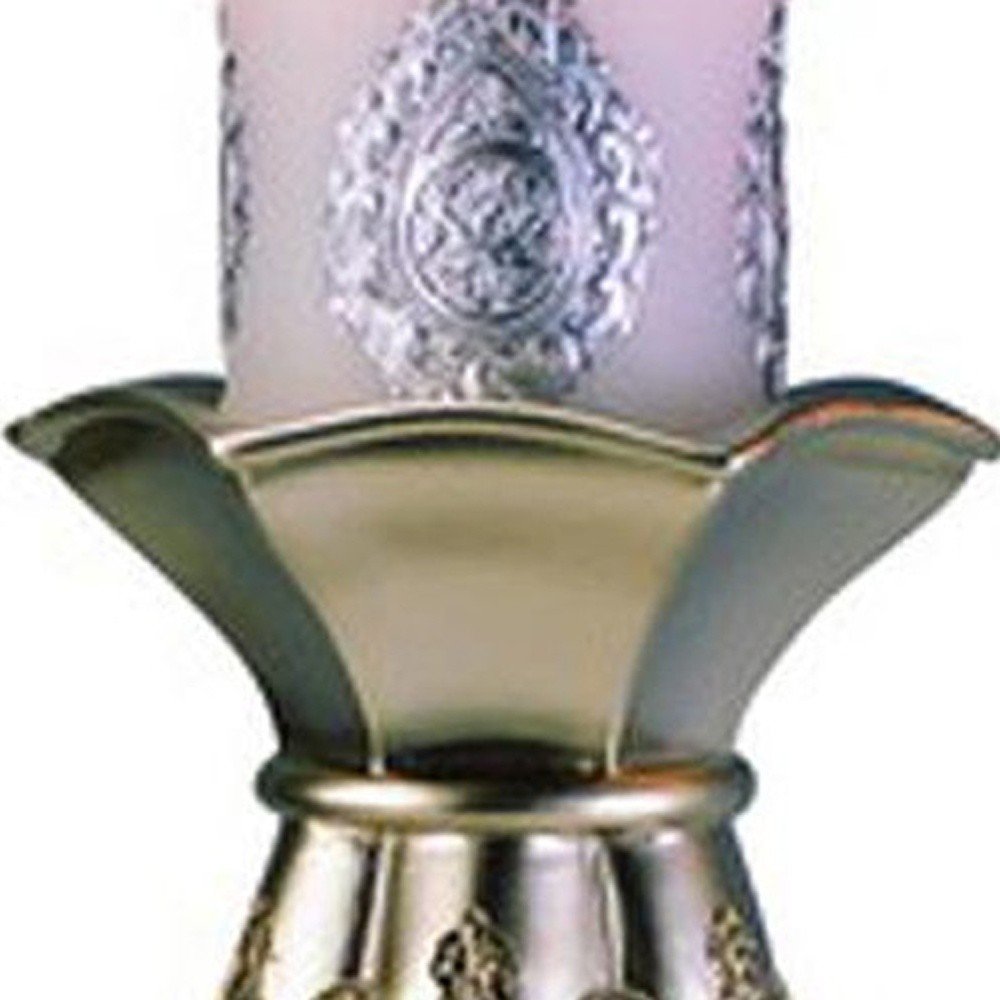 Set of Two Silver Metallic Polyresin Ornate Tabletop Pillar Candle Holders With Candle HomeRoots
