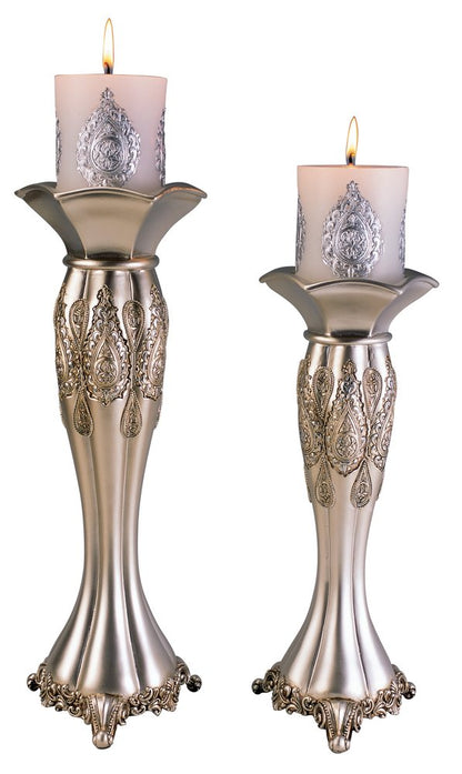 Set of Two Silver Metallic Polyresin Ornate Tabletop Pillar Candle Holders With Candle HomeRoots