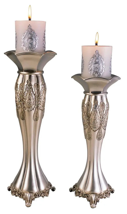 Set of Two Silver Metallic Polyresin Ornate Tabletop Pillar Candle Holders With Candle HomeRoots