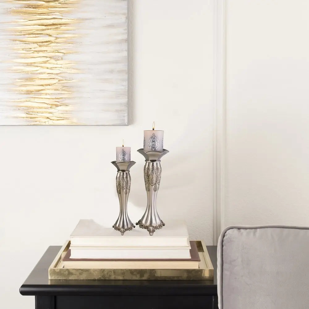 Set of Two Silver Metallic Polyresin Ornate Tabletop Pillar Candle Holders With Candle HomeRoots