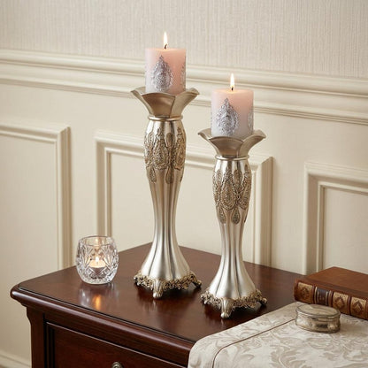 Set of Two Silver Metallic Polyresin Ornate Tabletop Pillar Candle Holders With Candle HomeRoots