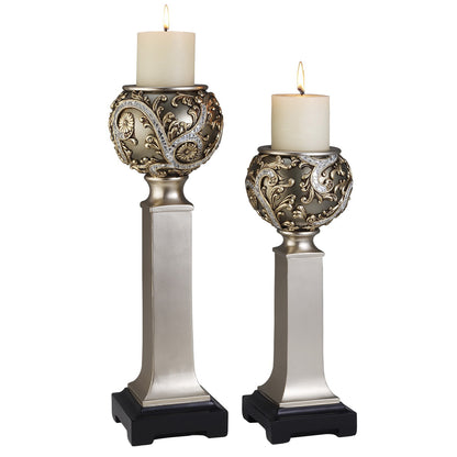 Set of Two Silver Polyresin Filigree Tabletop Pillar Candle Holders With Candle