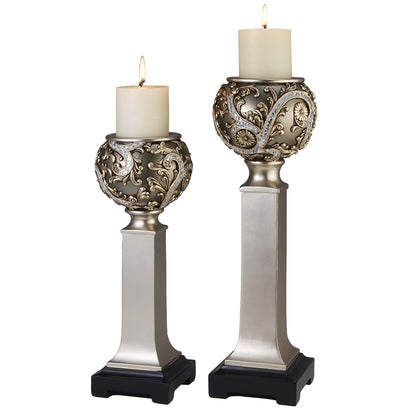 Set of Two Silver Polyresin Filigree Tabletop Pillar Candle Holders With Candle