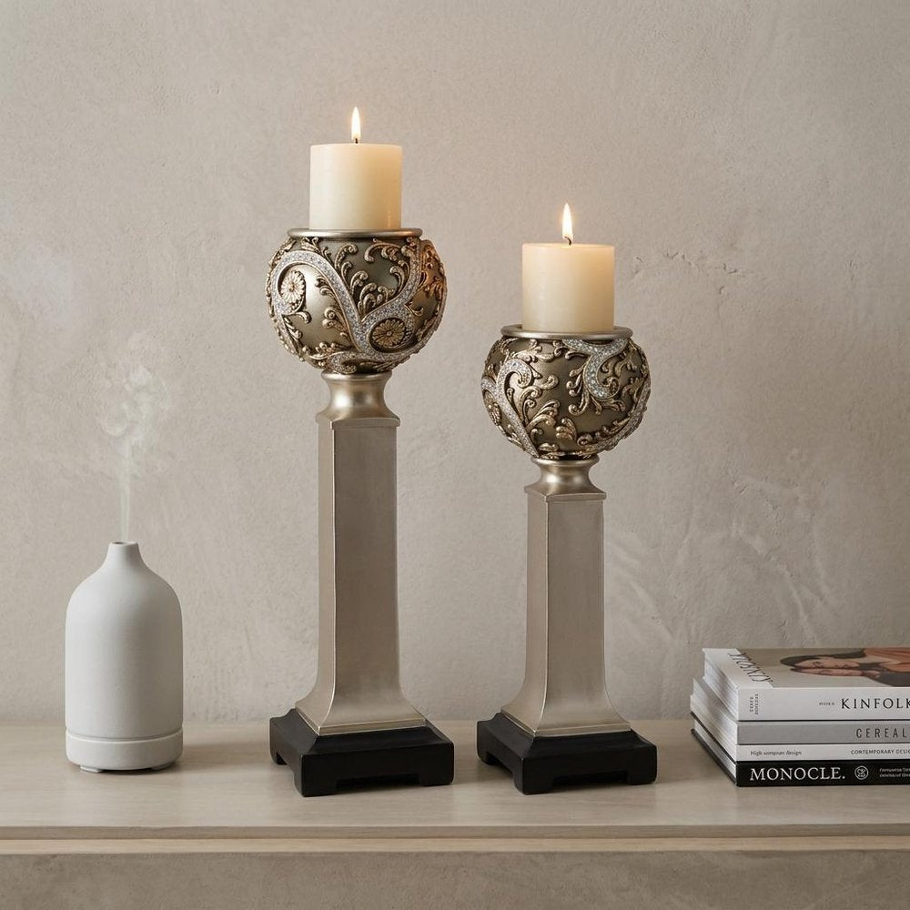 Set of Two Silver Polyresin Filigree Tabletop Pillar Candle Holders With Candle HomeRoots