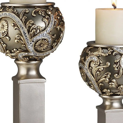 Set of Two Silver Polyresin Filigree Tabletop Pillar Candle Holders With Candle HomeRoots