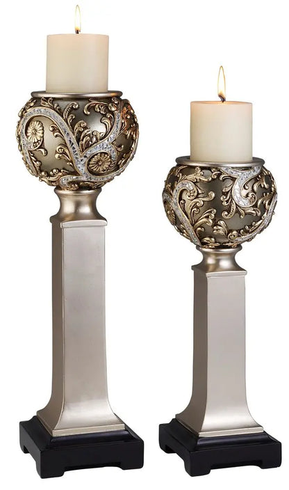 Set of Two Silver Polyresin Filigree Tabletop Pillar Candle Holders With Candle HomeRoots