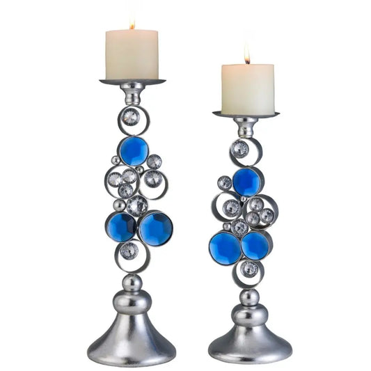 Set Of Two Silver and Blue Bling Tabletop Pillar Candle Holders HomeRoots