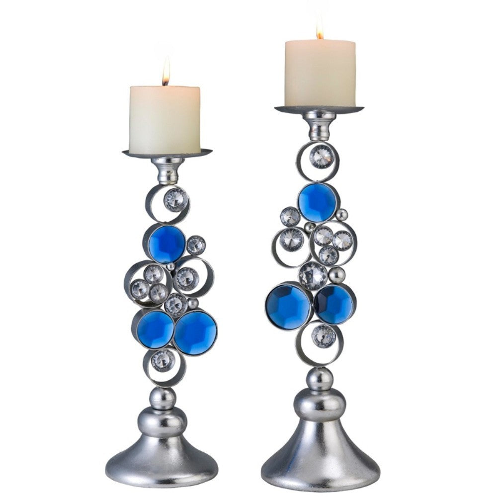 Set Of Two Silver and Blue Bling Tabletop Pillar Candle Holders